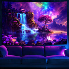 Simpkeely Fantasy Galaxy Waterfall Tapestry - Blacklight Wonderland Tree Mushroom UV Reactive Wall Tapestries Hanging for Bedroom & Living Room