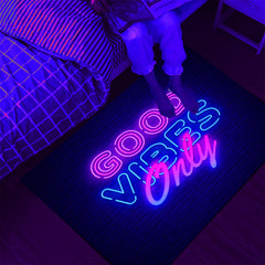 Simpkeely Neon Area Rug, Blacklight Good Vibes Only UV Reactive Non-Slip Door Throw Rug Fluorescent Flannel Floor Mat Carpet, Glow in The Dark Play Mat for Bedroom, Playroom