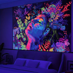 Simkeely Blacklight Botanical Goddess Tapestry, UV Reactive Floral Woman Wall Hanging, Neon Glow in the Dark Nature Art for Bedroom, Living Room, Meditation Space