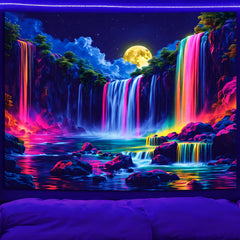 Simpkeely Blacklight Fantasy Waterfall Moon Tapestry, UV Reactive Nature Tapestry Neon Landscape Mountain Rainbow Wave Tapestry Wall Hanging Tapestries for Bedroom, Living Room