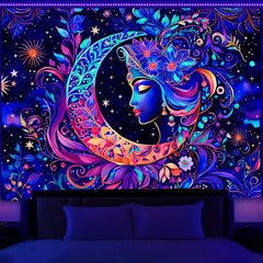 Simpkeely Blacklight Moon and Star Tapestry - Elegant Goddess UV Reactive Sun Mandala Wall Hanging, Colorful Boho Aesthetic Tapestry for Bedroom, Living Room