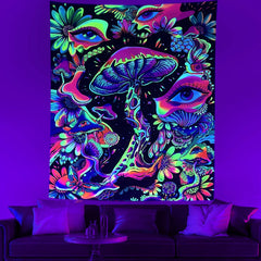 Simpkeely Blacklight Mushroom Tapestry, Floral Eyes Tapestry UV Reactive Neon Tapestries Posters Glow in the Dark Party Backdrop for Bedroom Dorm Living Room