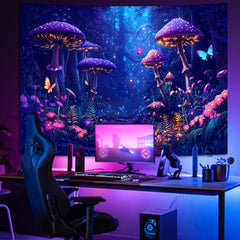 Simpkeely Blacklight Fantasy Mushroom Forest Tapestry - UV Reactive Glow in The Dark Enchanted Nature Wall Hanging, Purple Neon Fairycore Aesthetic Decor for Bedroom & Living Room