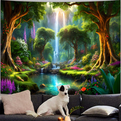 Simpkeely Forest Tapestry, Waterfall Green Tree Tapestries Wall Hanging, Wonderland Sunshine Nature Scenery River Aesthetic Tapestry for Bedroom, Living Room