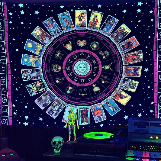 Simpkeely Blacklight Astrology Tarot Tapestry, Wheel of The Zodiac Spiritual Tapestries, UV Reactive Stars Constellation Decoration Wall Hanging Neon Tapestry for Bedroom Aesthetic