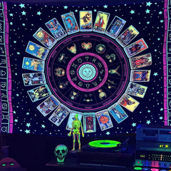 Simpkeely Blacklight Astrology Tarot Tapestry, Wheel of The Zodiac Spiritual Tapestries, UV Reactive Stars Constellation Decoration Wall Hanging Neon Tapestry for Bedroom Aesthetic