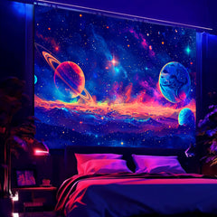 Simpkeely Blacklight Galaxy Tapestry, Vibrant Cosmic Design with Planets Stars Nebulae – Celestial Space Art Home Décor for Bedroom, Living Room