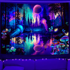 Simpkeely Fantasy Forest Jellyfish Tapestry, Blacklight Colorful Mushroom Butterfly Wall Hanging, UV Reactive Moon Reflection Glow in The Dark Tapestries for Bedroom Aesthetic