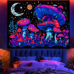 Simpkeely Blacklight Mushroom Tapestry - UV Reactive Glow in the Dark Mystical Night with Moon & Plant Fantasy Wall Hanging for Bedroom & Living Room
