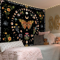 Simpkeely Butterfly Moon Phase Tapestry, Botanical Floral Plant Boho Mushroom Wall Hanging Tapestries, Vintage Aesthetic Tapestry for Bedroom, Living Room