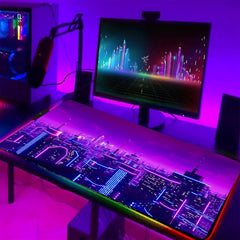 Simpkeely Gaming Mouse Pad, Blacklight Metaverse City 3D Cyberpunk Extended Large Desk Pad, UV Reactive Long Computer Keyboard Big Mouse Mat with 3mm Non-Slip Rubber Base for Office Home