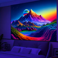 Simpkeely Sunset Mountain Tapestry, Blacklight Colorful Forest Lake UV Reactive Tapestry, Neon Glow in The Dark Starry Stars Nature Landscape Wall Hanging Tapestries for Bedroom