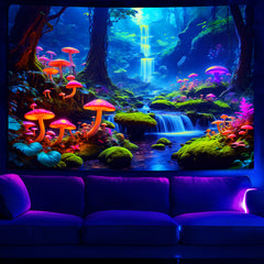 Simpkeely Magical Blacklight Forest Tapestry - UV Reactive Neon Mushroom Waterfall Fairy Landscape Glow in the Dark Wall Art for Bedroom, Dorm Decor