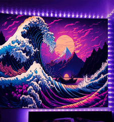 Simpkeely Japanese Sea Wave Tapestry, Blacklight Kanagawa Neon Sunset Ocean Tapestries Wall Hanging, UV Reactive Cool Tsunami Tapestry Wall Art for Bedroom, Living Room