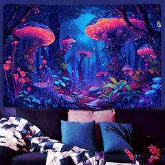 Simpkeely Wonderland Mushroom Tapestry, Blacklight Fantasy Flower Butterfly Tapestry Wall Hanging, Magical Forest Glowing Landscape Tapestry for Bedroom
