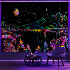 Simpkeely Blacklight Mountain Tapestry, Galaxy Meteor Aesthetic UV Reactive Tapestries, Forest Moon and Stars Starry Night Glow in The Dark Wall Hanging Tapestry for Bedroom, Living Room