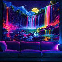 Simpkeely Blacklight Fantasy Waterfall Moon Tapestry, UV Reactive Nature Tapestry Neon Landscape Mountain Rainbow Wave Tapestry Wall Hanging Tapestries for Bedroom, Living Room
