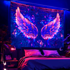 Simpkeely Blacklight Angel Wings Tapestry - UV Reactive Neon Butterfly Aesthetic Wall Art Decor for Bedroom, Living Room