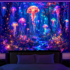 Simpkeely Blacklight Jellyfish Forest Tapestry, UV Reactive Fantasy Vibrant Neon Art Decor, Glow in the Dark Aquatic Life Wall Hanging Tapestries for Bedroom, Living Room