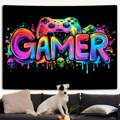 Simpkeely Gamer Gaming Tapestry, Blacklight Game Controller Horror Skull Wall Hanging, UV Reactive Skeleton Glow in the Dark Wall Decor for Bedroom, Living Room