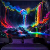 Simpkeely Blacklight Fantasy Waterfall Planet Tapestry UV Reactive Nature Neon Landscape Mountain Wave Tapestry Wall Hanging