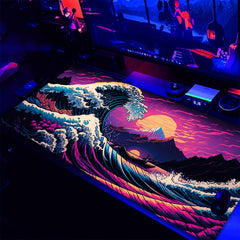 Simpkeely Large Japanese Sea Wave Gaming Mouse Pad - Blacklight Kanagawa Waterproof Desk Mat, Extended Non-Slip Rubber Base, Office & Home Computer Keyboard Pad