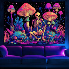 Simpkeely Blacklight Skull Mushroom Tapestry - UV Reactive Funny Skeleton Neon Wall Hanging, Glow in the Dark Forest Decor for Bedroom or Living Room