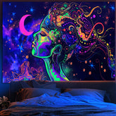 Simpkeely Blacklight Celestial Goddess Tapestry - UV Reactive Abstract Art Woman Wall Hanging, Neon Glow in the Dark Galaxy Art for Bedroom, Living Room