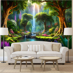 Simpkeely Forest Tapestry, Waterfall Green Tree Tapestries Wall Hanging, Wonderland Sunshine Nature Scenery River Aesthetic Tapestry for Bedroom, Living Room