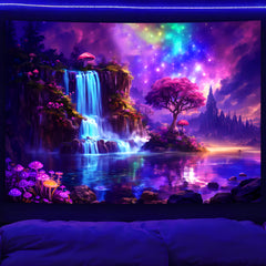 Simpkeely Fantasy Galaxy Waterfall Tapestry - Blacklight Wonderland Tree Mushroom UV Reactive Wall Tapestries Hanging for Bedroom & Living Room
