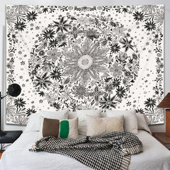 Simpkeely Bohemian Floral Tapestry Wall Hanging, Black and White Daisy Medallion Art Print Tapestry for Bedroom Aesthetic Boho Hippie Home Decor