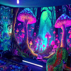 Simpkeely Fantasy Mushroom Tapestry Blacklight Neon Glow Forest Tapestry Wall Hanging Magical Landscape Wall Art for Bedroom