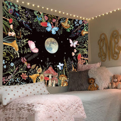 Simpkeely Moon Garden Tapestry Mushroom Moonlit Tapestry Wall Hanging Floral Tapestry Butterfly Plant Poster Country Tapestry for Bedroom Dorm Living Room