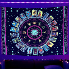 Simpkeely Blacklight Astrology Tarot Tapestry, Wheel of The Zodiac Spiritual Tapestries, UV Reactive Stars Constellation Decoration Wall Hanging Neon Tapestry for Bedroom Aesthetic