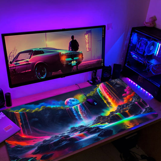 Simpkeely Large Fantasy Waterfall Gaming Mouse Pad - Blacklight Waterproof Glowing Desk Mat, Extended Non-Slip Rubber Base for Office & Home
