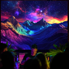 Simpkeely Blacklight Mountain Galaxy Tapestry, UV Reactive Colorful Forest Glow in the Dark Nature Landscape Wall Hanging, Neon Cosmic Starry Night Art for Bedroom
