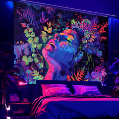 Simkeely Blacklight Botanical Goddess Tapestry, UV Reactive Floral Woman Wall Hanging, Neon Glow in the Dark Nature Art for Bedroom, Living Room, Meditation Space