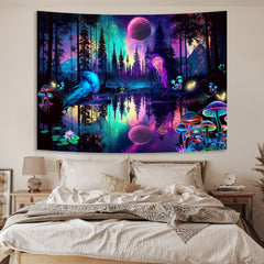 Simpkeely Fantasy Forest Jellyfish Tapestry, Blacklight Colorful Mushroom Butterfly Wall Hanging, UV Reactive Moon Reflection Glow in The Dark Tapestries for Bedroom Aesthetic
