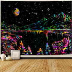 Simpkeely Blacklight Mountain Tapestry, Galaxy Meteor Aesthetic UV Reactive Tapestries, Forest Moon and Stars Starry Night Glow in The Dark Wall Hanging Tapestry for Bedroom, Living Room