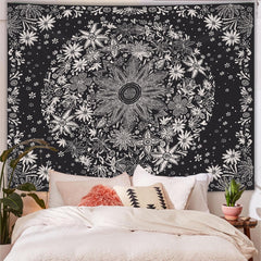 Simpkeely Bohemian Floral Tapestry Wall Hanging, Black and White Daisy Medallion Art Print Tapestry for Bedroom Aesthetic Boho Hippie Home Decor