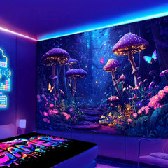 Simpkeely Blacklight Fantasy Mushroom Forest Tapestry - UV Reactive Glow in The Dark Enchanted Nature Wall Hanging, Purple Neon Fairycore Aesthetic Decor for Bedroom & Living Room