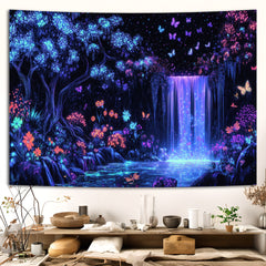 Simpkeely Blacklight Waterfall Tapestry - UV Reactive Glow in The Dark Enchanted Forest Wall Hanging, Neon Butterfly & Floral Wonderland Nature Decor for Bedroom & Living Room
