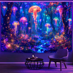Simpkeely Blacklight Jellyfish Forest Tapestry, UV Reactive Fantasy Vibrant Neon Art Decor, Glow in the Dark Aquatic Life Wall Hanging Tapestries for Bedroom, Living Room
