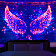 Simpkeely Blacklight Angel Wings Tapestry - UV Reactive Neon Butterfly Aesthetic Wall Art Decor for Bedroom, Living Room