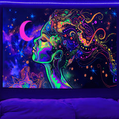 Simpkeely Blacklight Celestial Goddess Tapestry - UV Reactive Abstract Art Woman Wall Hanging, Neon Glow in the Dark Galaxy Art for Bedroom, Living Room