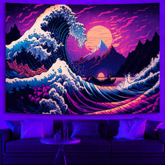 Simpkeely Japanese Sea Wave Tapestry, Blacklight Kanagawa Neon Sunset Ocean Tapestries Wall Hanging, UV Reactive Cool Tsunami Tapestry Wall Art for Bedroom, Living Room