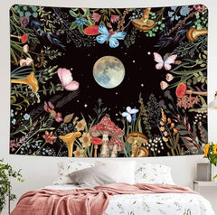 Simpkeely Moon Garden Tapestry Mushroom Moonlit Tapestry Wall Hanging Floral Tapestry Butterfly Plant Poster Country Tapestry for Bedroom Dorm Living Room