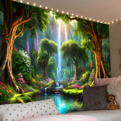Simpkeely Forest Tapestry, Waterfall Green Tree Tapestries Wall Hanging, Wonderland Sunshine Nature Scenery River Aesthetic Tapestry for Bedroom, Living Room
