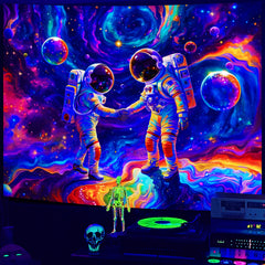 Simpkeely Blacklight Astronaut Handshake Tapestry, UV Reactive Galaxy Colorful Space Wall Hanging Tapestries, Fantasy Starry Sky Glow in The Dark Tapestry for Bedroom, Living Room