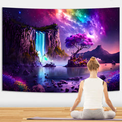 Simpkeely Fantasy Waterfall Tapestry, Blacklight Wonderland Purple Galaxy Tree Landscape UV Reactive Wall Hanging Tapestries for Bedroom, Living Room